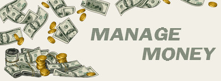 Business, finance, investment concept. Horizontal banner, poster, header for website with copy space. Finance illustration with cash money, dollar rolls, stacks, wads. Concept of success and wealthのイラスト素材