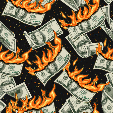 Money seamless pattern with burning 100 dollar bills on dark background. Concept of depreciation of money, inflation. Falling, flying dollar banknotes. Detailed vector illustration in vintage styleのイラスト素材