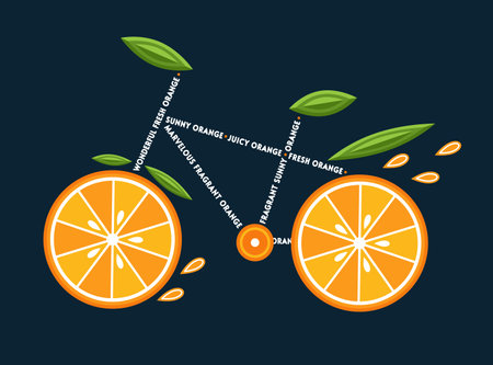 Emblem in a shape of bicycle made of orange slices, green leaves, text caption. Healthy lifestyle concept. Good for decoration of food packaging, groceries, agriculture storeのイラスト素材