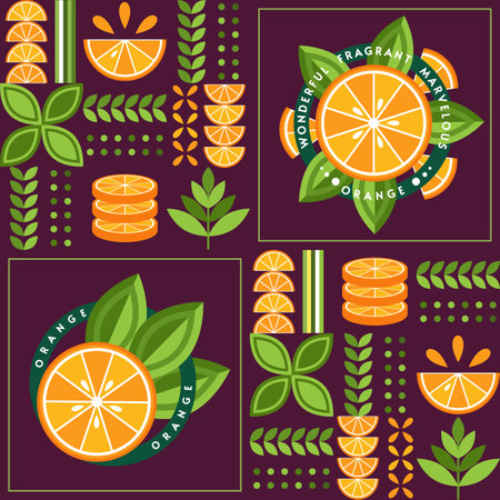 Seamless background with citrus, lemon, orange in simple geometric style. Abstract shapes. Good for branding, decoration of food package, cover design, decorative print, background. Inspired Bauhausのイラスト素材