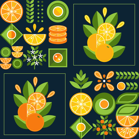 Seamless background with citrus, lemon, orange in simple geometric style. Abstract shapes. Good for branding, decoration of food package, cover design, decorative print, background. Inspired Bauhausのイラスト素材
