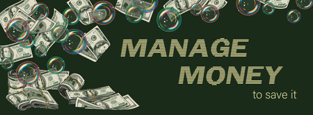 Business, inflation, investment concept. Horizontal banner, poster, header for website with copy space. Finance illustration with cash money, dollar bills, soap bubbles Concept of financial managementのイラスト素材