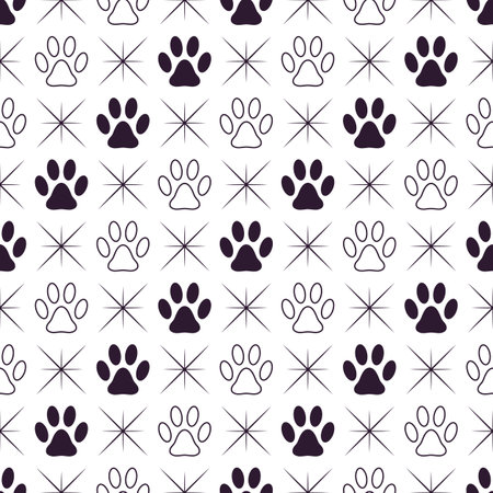 Seamless pattern background with footprints of home pet in square diagonal grid with tiny stars. Black and white. Vector.のイラスト素材