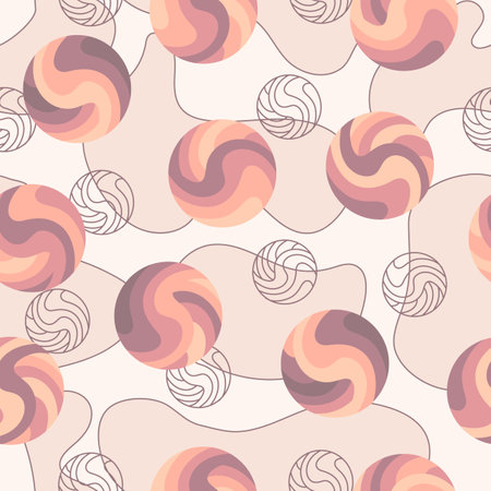 Seamless pattern with striped spheres, spots, linear elements in pastel muted colors. Abstract, vector.のイラスト素材