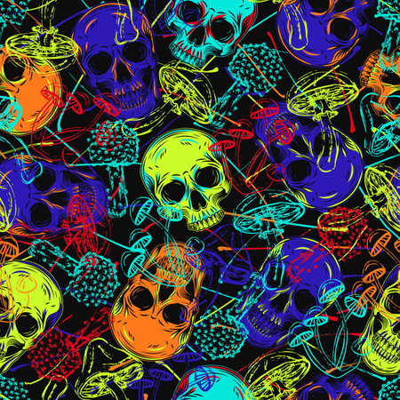 Psychedelic seamless pattern with human skulls, fantasy mushrooms. Grunge style of outline of mushrooms. Bright neon colors. Textured background behind. Good for clothing, fabric, textile, sport goodsのイラスト素材