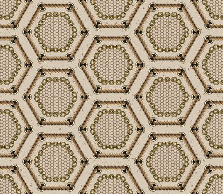 Hexagonal pattern with rope lacing, chains, hexagon net on beige textured background. Vintage style.