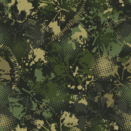 Abstract green camouflage pattern with splattered paint, paint brush strokes, leaves, halftone shapes. Dense chaotic composition For apparel, fabric, textile, sport goods Grunge textureのイラスト素材