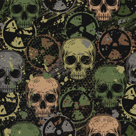 Camouflage pattern with ionizing radiation symbol, paint brush strokes, skull, hexagon net, paint blots. Concept of danger of nuclear weapon. Grunge textureのイラスト素材