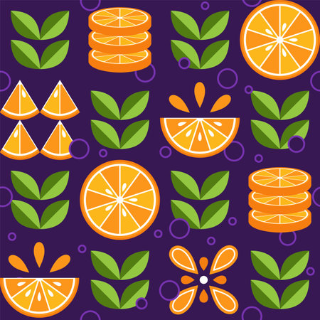 Seamless background with oranges in simple geometric style. Abstract shapes. Good for branding,...