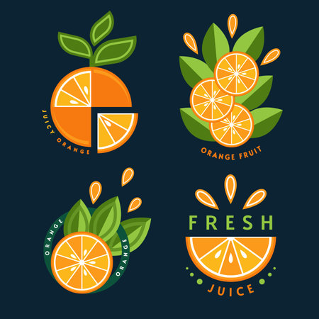 Set of , emblems, badges with orange, green leaves, fruit slices. Good for decoration of food packaging, groceries, agriculture stores, advertising. Flat styleのイラスト素材