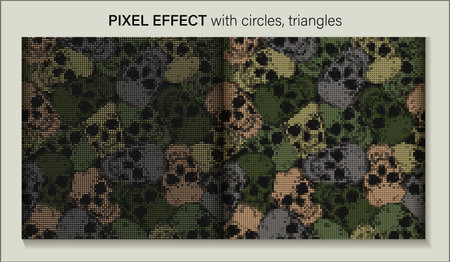 Green khaki camouflage patterns with human skulls. PIXEL efffect. Dense random chaotic composition. Good for apparel, fabric, textile, sport goods.のイラスト素材