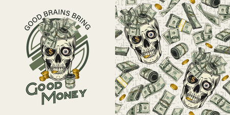 Pattern, label with skull, cash money,100 dollar bills, gold coins. Skull without top like cup, bowl, vase. Textured white background. For prints, clothing, t shirt, surface design. Concept Make Moneyのイラスト素材