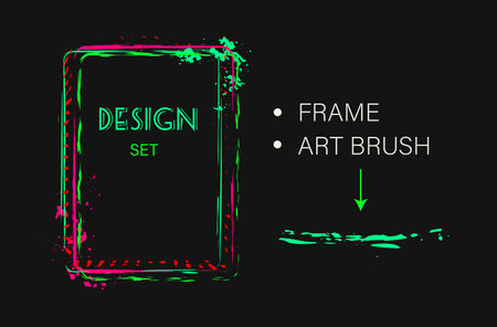 Set of design elements, rectangular frame, grunge art brush. Geometric shape with copy spase, paint brush strokes, spattered paint of neon bright colors. Virtual abstract clip artのイラスト素材