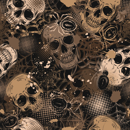 Brown grunge camouflage pattern with human skulls, spiders, spiderweb, blots, halftone shapes. Random chaotic composition. Good for apparel, clothing, fabric, textile, sport goods.のイラスト素材