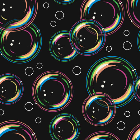 Seamless pattern with foam soap bubbles on black background in vintage style. Vector colorful illustration.のイラスト素材