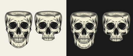 Human skull without top like cup, bowl, vase. Whole skull, half skull without jaw. Front view illustration in vintage style.のイラスト素材