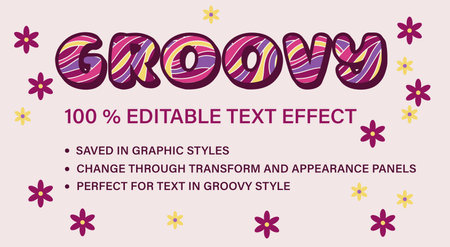 Groovy editable text effect in vintage style. Volumetric letters with psychedelic waves. Retro typographic graphic style. Good for hippie style of 60s, 70s For poster, header designのイラスト素材