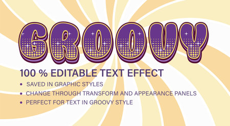 Groovy editable text effect in vintage style. Volumetric letters with halftone, shapes. Retro typographic graphic style. Good for hippie style of 60s, 70s For poster, header designのイラスト素材