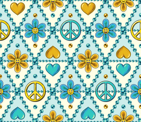 Seamless pattern with chamomile flower, heart, peace sign, beads, emoji. Rhombus geometric grid. Peaceful, positive background in groovy, hippie style.のイラスト素材