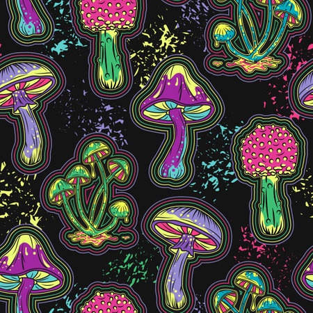 Pattern with fantasy mushrooms, paint splatter. Bright neon fluorescent colors Good for apparel, fabric, textile, surface designのイラスト素材
