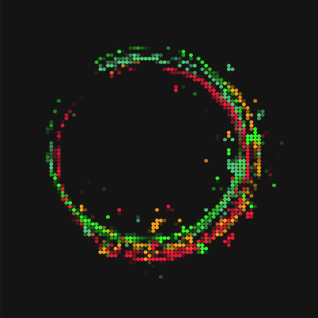 Round frame in pixel style with small circles. Geometric shape with copy space in fluorescent neon bright colors. Virtual abstract design elementのイラスト素材