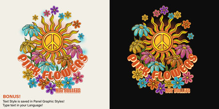 Summer label with sun, peace symbol, chamomile, halftone shapes, editable text effect. Groovy, hippie retro style. For clothing, apparel, T-shirts, surface decorationのイラスト素材
