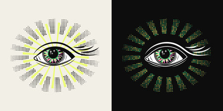 All seeing eye, eye of providence. Eye with lashes. Halftone radial beams, rays behind. Colorful psychedelic illustration in vintage style. Good for groovy, hippie, mystical styleのイラスト素材