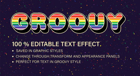 Groovy editable text effect in vintage style. Volumetric letters with rainbow stripes. Retro...