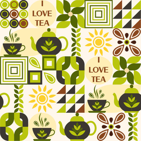 Tea themed pattern with icons, design elements in simple geometric style. Seamless background with abstract shapes. Good for branding, decoration of food package, cover design, textile kitchen printsのイラスト素材