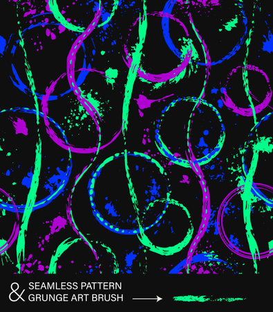 Pattern with circles, paint brush strokes, wavy lines, spattered paint of neon bright colors. Virtual abstract background. Grunge style for sports goods, prints, clothing, t shirt design, vinyl wrap.のイラスト素材