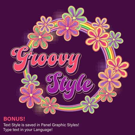 Circular label with text, fantasy chamomile flowers, psychedelic stripes, editable font effect. For clothing, apparel, T-shirts, surface decoration. Groovy, hippie style. 1970s style retro background.のイラスト素材