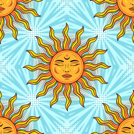 Seamless pattern with sun with face, halftone shapes. Blue background behind with rays, beams, stripes. Groovy, hippie style. Good for apparel, fabric, textile, kids design.のイラスト素材