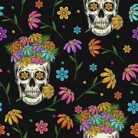 Pattern with chamomiles, human skull like cup full of flowers on black background. Skull holding flower between teeth. Groovy hippie retro style For clothing, textile, hawaii T-shirts designのイラスト素材