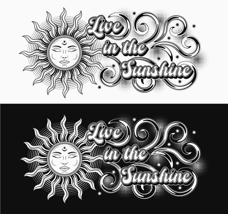 Horizontal label with sun with face, sun rays swirls, short phrase. Mythological traditional fairytale character. For clothing, apparel, T-shirts, surface decoration, kids designのイラスト素材