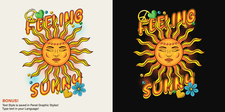Label with sun with face, beads, heart, chamomile, text, editable font effect. Concept of harmony and balance. For clothing, apparel, T-shirts, surface decoration. Groovy, hippie styleのイラスト素材