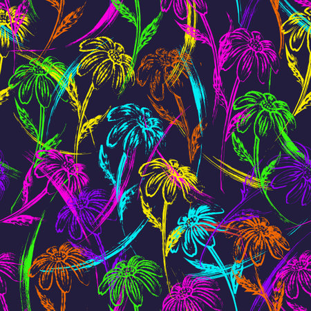 Seamless pattern with chamomile flower with stem, paint brush strokes. Vibrant bright neon colors. Good for apparel, fabric, textileの写真素材