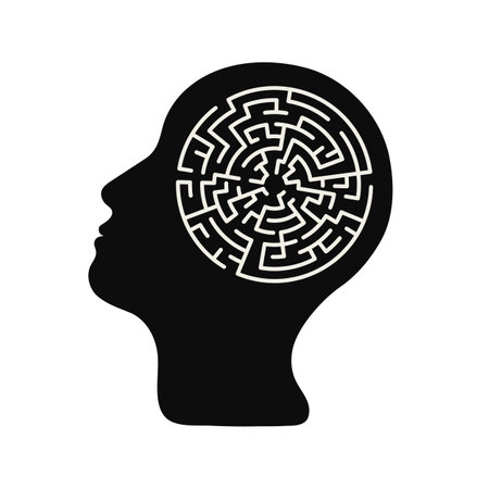 Black silhouette of human head with labyrinth inside. Concept of mental health, care, wellness, answer search, problem solutions. For psychological, psychiatric therapy, support, service designのイラスト素材