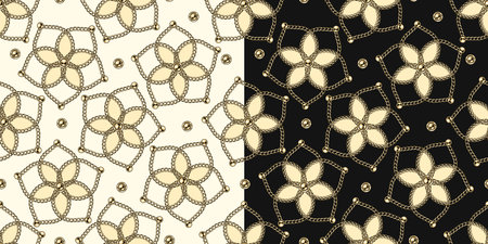 Set of patterns with japan style flowers. Flower shaped geometric forms with realistic gold chains,...