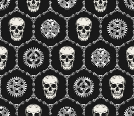 Geometric hexagonal pattern with human skulls, bike chains, gears, rivets. Monochrome background in steampunk vintage style. Good for mens apparel, clothing, fabric, textile, sport goods.のイラスト素材