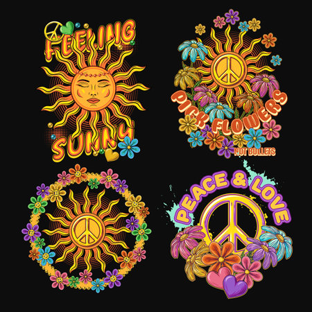 Summer labels with sun, peace sign, chamomile flowers, hearts. Concept of peace, love and harmony. For clothing, apparel, T-shirts, surface decoration. Retro style illustration on black background.のイラスト素材