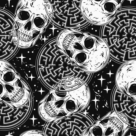 Pattern with human skull, labyrinth, stars. Concept of sacred spirit, magic, expanded mind, psychic abilities. Mystical surreal illustration. For prints, clothing, t shirt, textile, surface designのイラスト素材
