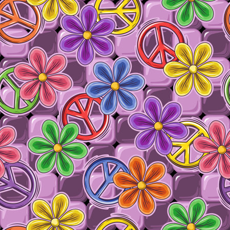 Seamless pattern with mosaic tiles, peace sign, colorful chamomile flowers. Groovy, hippie, naive style. Good for apparel, fabric, textile, surface design.のイラスト素材