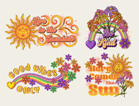 Summer groovy labels with sun, rainbow, chamomile flowers, hearts. Concept of peace, love and harmony. For clothing, apparel, T-shirts, surface decoration. Retro style illustration on white backgroundのイラスト素材