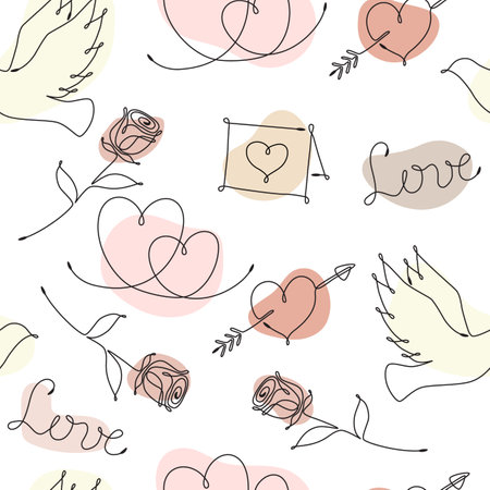 Seamless pattern with single line drawing of romantic symbols. Dove, rose, hearts, invitation, love heart with arrow. Pastel color spots on background. Decoration for Wedding and Valentines day Vectorのイラスト素材