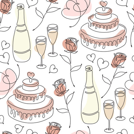 Seamless pattern with single line drawing of romantic symbols. Cake, rose, hearts, wine glasses, champagne bottle. Pastel color spots on background. Decoration for Wedding and Valentines day. Vectorのイラスト素材