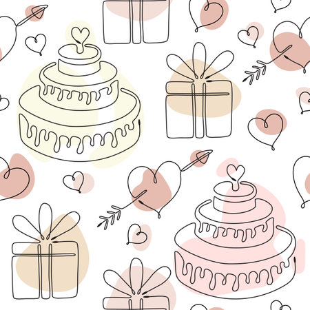 Seamless pattern with single line drawing of romantic symbols. Cake, hearts, gift box, love heart with arrow. Pastel color shapes on background. Decoration for Wedding and Valentines day. Vectorのイラスト素材