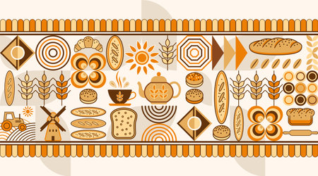 Bread, bakery themed background with icons, design elements in simple geometric style Seamless pattern with abstract shapes Good for branding, food package, cover design, decorative printのイラスト素材