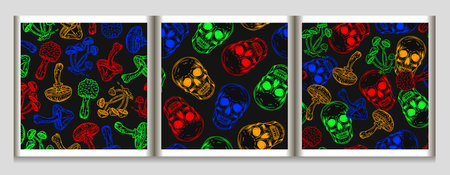 Set of patterns with human skull, fantasy mushrooms in bright neon fluorescent colors. Outline inverted illustrations for groovy, hippie, mystical designのイラスト素材