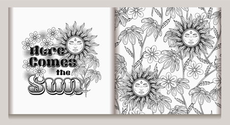 Summer black and white label, pattern with sun with face, chamomile, halftone, text. Positive, peaceful concept. Groovy, hippie retro style. For clothing, apparel, T-shirts, surface decorationのイラスト素材