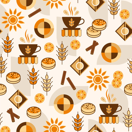 Bread, bakery themed background with icons, design elements in simple style. Seamless pattern with abstract shapes. Good for branding, decoration of food package, cover design, decorative printのイラスト素材